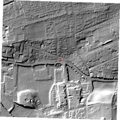Shaded relief map of the ground around BN251AS, computed from Environment Agency LiDAR. The ground here sits at about 6 m above sea level and falls 23 m across the surrounding 800 m. Surface water reaching this point runs off ground lying to the north-north-east, 17.1 m higher.