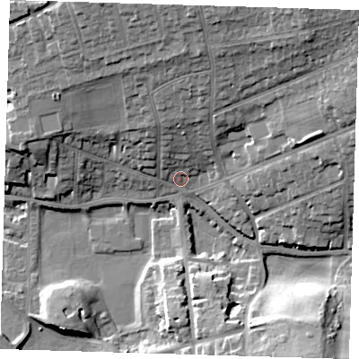 Shaded relief map of the ground around BN251AT, computed from Environment Agency LiDAR. The ground here sits at about 7 m above sea level and falls 23 m across the surrounding 800 m. Surface water reaching this point runs off ground lying to the north, 17.7 m higher.
