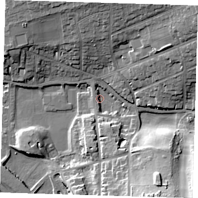 Shaded relief map of the ground around BN251AU, computed from Environment Agency LiDAR. The ground here sits at about 4 m above sea level and falls 26 m across the surrounding 800 m. Surface water reaching this point runs off ground lying to the south-east, 25.2 m higher.