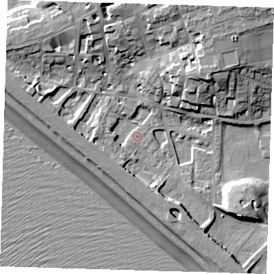 Shaded relief map of the ground around BN251AW, computed from Environment Agency LiDAR. The ground here sits at about 4 m above sea level and falls 21 m across the surrounding 800 m. Surface water reaching this point runs off ground lying to the west, 5.9 m higher.