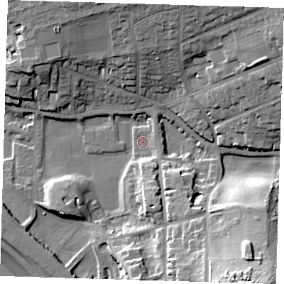 Shaded relief map of the ground around BN251AX, computed from Environment Agency LiDAR. The ground here sits at about 4 m above sea level and falls 33 m across the surrounding 800 m. Surface water reaching this point runs off ground lying to the south-east, 27.5 m higher.