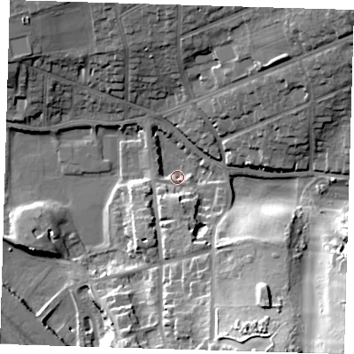 Shaded relief map of the ground around BN251AY, computed from Environment Agency LiDAR. The ground here sits at about 3 m above sea level and falls 34 m across the surrounding 800 m. Surface water reaching this point runs off ground lying to the south-east, 32.0 m higher.