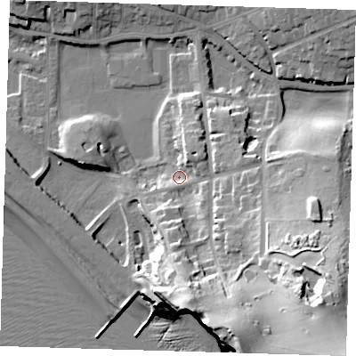 Shaded relief map of the ground around BN251BB, computed from Environment Agency LiDAR. The ground here sits at about 6 m above sea level and falls 48 m across the surrounding 800 m. Surface water reaching this point runs off ground lying to the north-east, 6.7 m higher.