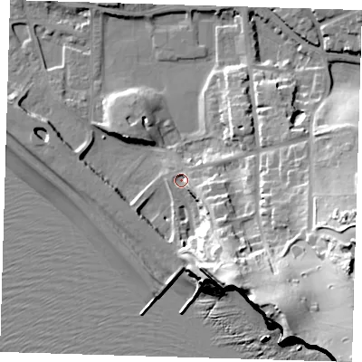 Shaded relief map of the ground around BN251BJ, computed from Environment Agency LiDAR. The ground here sits at about 4 m above sea level and falls 46 m across the surrounding 800 m. Surface water reaching this point runs off ground lying to the south-south-east, 26.3 m higher.