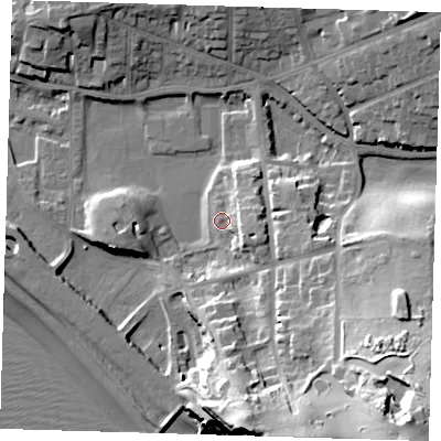Shaded relief map of the ground around BN251BL, computed from Environment Agency LiDAR. The ground here sits at about 6 m above sea level and falls 45 m across the surrounding 800 m. Surface water reaching this point runs off ground lying to the east-south-east, 5.9 m higher.