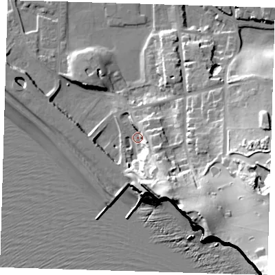 Shaded relief map of the ground around BN251BN, computed from Environment Agency LiDAR. The ground here sits at about 5 m above sea level and falls 60 m across the surrounding 800 m. Surface water reaching this point runs off ground lying to the south-south-east, 26.3 m higher.