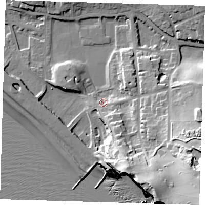 Shaded relief map of the ground around BN251BP, computed from Environment Agency LiDAR. The ground here sits at about 6 m above sea level and falls 43 m across the surrounding 800 m. Surface water reaching this point runs off ground lying to the south-east, 34.9 m higher.