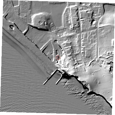 Shaded relief map of the ground around BN251BW, computed from Environment Agency LiDAR. The ground here sits at about 5 m above sea level and falls 58 m across the surrounding 800 m. Surface water reaching this point runs off ground lying to the south-east, 26.3 m higher.