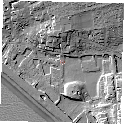 Shaded relief map of the ground around BN251BX, computed from Environment Agency LiDAR. The ground here sits at about 4 m above sea level and falls 23 m across the surrounding 800 m. Surface water reaching this point runs off ground lying to the north-east, 16.7 m higher.