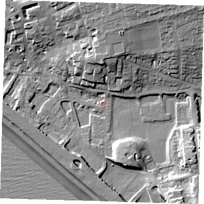 Shaded relief map of the ground around BN251BY, computed from Environment Agency LiDAR. The ground here sits at about 4 m above sea level and falls 23 m across the surrounding 800 m. Surface water reaching this point runs off ground lying to the north-north-east, 16.3 m higher.