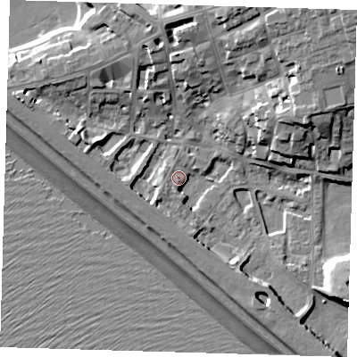 Shaded relief map of the ground around BN251BZ, computed from Environment Agency LiDAR. The ground here sits at about 5 m above sea level and falls 22 m across the surrounding 800 m. Surface water reaching this point runs off ground lying to the south-west, 5.9 m higher.