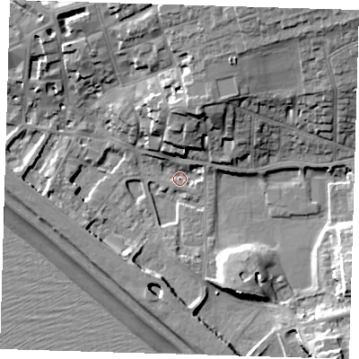 Shaded relief map of the ground around BN251DA, computed from Environment Agency LiDAR. The ground here sits at about 3 m above sea level and falls 23 m across the surrounding 800 m. Surface water reaching this point runs off ground lying to the south, 6.1 m higher.