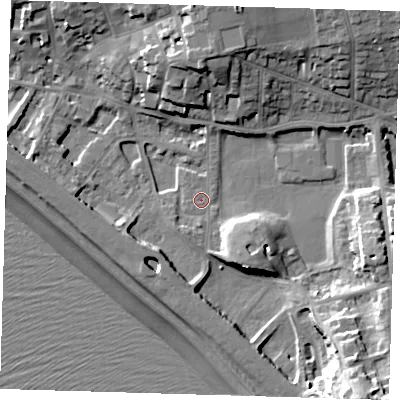 Shaded relief map of the ground around BN251DE, computed from Environment Agency LiDAR. The ground here sits at about 3 m above sea level and falls 28 m across the surrounding 800 m. Surface water reaching this point runs off ground lying to the south-east, 23.4 m higher.