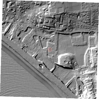 Shaded relief map of the ground around BN251DF, computed from Environment Agency LiDAR. The ground here sits at about 4 m above sea level and falls 27 m across the surrounding 800 m. Surface water reaching this point runs off ground lying to the south-east, 22.7 m higher.