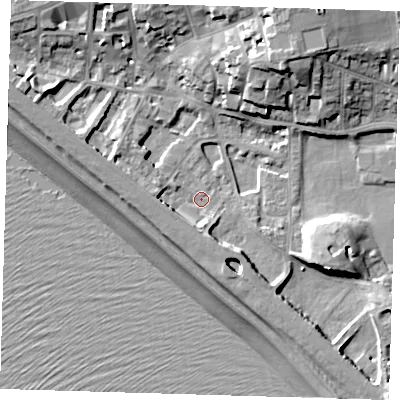 Shaded relief map of the ground around BN251DG, computed from Environment Agency LiDAR. The ground here sits at about 4 m above sea level and falls 19 m across the surrounding 800 m. Surface water reaching this point runs off ground lying to the south-south-east, 4.3 m higher.