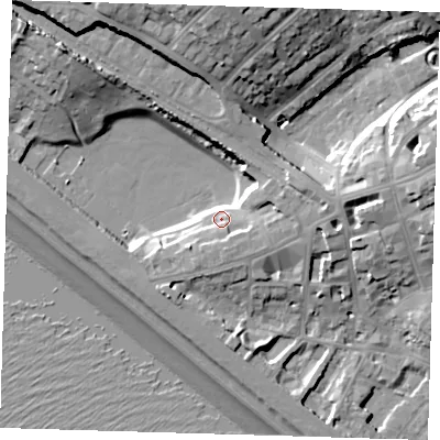 Shaded relief map of the ground around BN251DR, computed from Environment Agency LiDAR. The ground here sits at about 7 m above sea level and falls 24 m across the surrounding 800 m. Surface water reaching this point runs off ground lying to the east-north-east, 8.4 m higher.