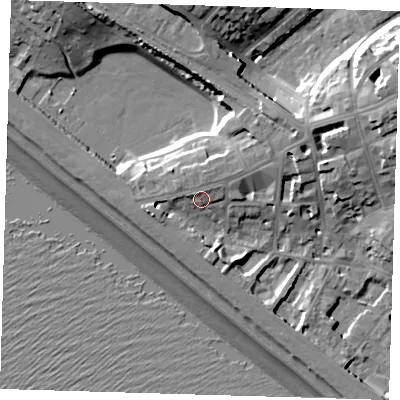 Shaded relief map of the ground around BN251DY, computed from Environment Agency LiDAR. The ground here sits at about 8 m above sea level and falls 20 m across the surrounding 800 m. Surface water reaching this point runs off ground lying to the north-east, 1.0 m higher.