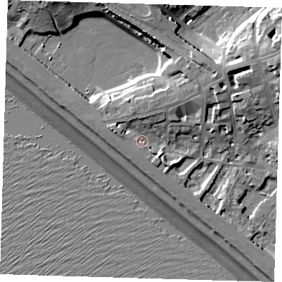 Shaded relief map of the ground around BN251EB, computed from Environment Agency LiDAR. The ground here sits at about 7 m above sea level and falls 20 m across the surrounding 800 m. Surface water reaching this point runs off ground lying to the north-east, 4.8 m higher.
