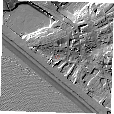 Shaded relief map of the ground around BN251EG, computed from Environment Agency LiDAR. The ground here sits at about 5 m above sea level and falls 22 m across the surrounding 800 m. Surface water reaching this point runs off ground lying to the north-north-east, 7.4 m higher.