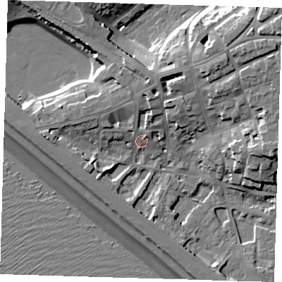 Shaded relief map of the ground around BN251EP, computed from Environment Agency LiDAR. The ground here sits at about 7 m above sea level and falls 24 m across the surrounding 800 m. Surface water reaching this point runs off ground lying to the north-north-east, 6.6 m higher.