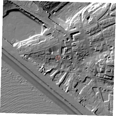 Shaded relief map of the ground around BN251ER, computed from Environment Agency LiDAR. The ground here sits at about 7 m above sea level and falls 23 m across the surrounding 800 m. Surface water reaching this point runs off ground lying to the north, 4.6 m higher.