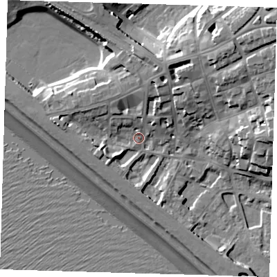 Shaded relief map of the ground around BN251ES, computed from Environment Agency LiDAR. The ground here sits at about 5 m above sea level and falls 23 m across the surrounding 800 m. Surface water reaching this point runs off ground lying to the north-north-east, 8.1 m higher.