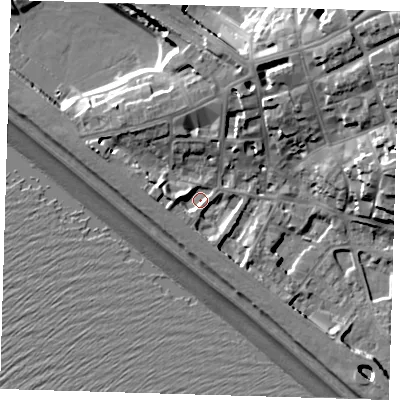 Shaded relief map of the ground around BN251ET, computed from Environment Agency LiDAR. The ground here sits at about 4 m above sea level and falls 22 m across the surrounding 800 m. Surface water reaching this point runs off ground lying to the south-south-east, 4.6 m higher.