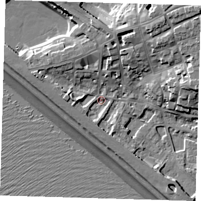 Shaded relief map of the ground around BN251EU, computed from Environment Agency LiDAR. The ground here sits at about 4 m above sea level and falls 22 m across the surrounding 800 m. Surface water reaching this point runs off ground lying to the north, 8.1 m higher.