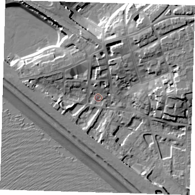 Shaded relief map of the ground around BN251EX, computed from Environment Agency LiDAR. The ground here sits at about 5 m above sea level and falls 24 m across the surrounding 800 m. Surface water reaching this point runs off ground lying to the north, 8.1 m higher.