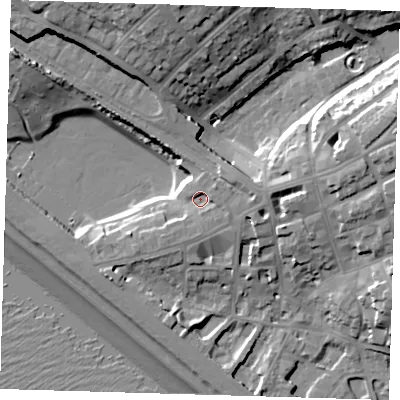 Shaded relief map of the ground around BN251EY, computed from Environment Agency LiDAR. The ground here sits at about 9 m above sea level and falls 25 m across the surrounding 800 m. Surface water reaching this point runs off ground lying to the north-east, 2.9 m higher.