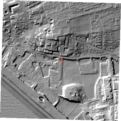 Shaded relief map of the ground around BN251FE, computed from Environment Agency LiDAR. The ground here sits at about 3 m above sea level and falls 23 m across the surrounding 800 m. Surface water reaching this point runs off ground lying to the north-north-east, 16.8 m higher.
