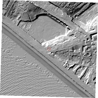 Shaded relief map of the ground around BN251FF, computed from Environment Agency LiDAR. The ground here sits at about 8 m above sea level and falls 20 m across the surrounding 800 m. Surface water reaching this point runs off ground lying to the east-north-east, 2.1 m higher.