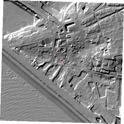 Shaded relief map of the ground around BN251HA, computed from Environment Agency LiDAR. The ground here sits at about 4 m above sea level and falls 24 m across the surrounding 800 m. Surface water reaching this point runs off ground lying to the north, 8.7 m higher.