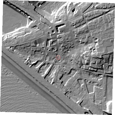 Shaded relief map of the ground around BN251HD, computed from Environment Agency LiDAR. The ground here sits at about 4 m above sea level and falls 25 m across the surrounding 800 m. Surface water reaching this point runs off ground lying to the north-north-east, 10.5 m higher.