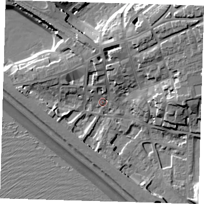 Shaded relief map of the ground around BN251HE, computed from Environment Agency LiDAR. The ground here sits at about 5 m above sea level and falls 24 m across the surrounding 800 m. Surface water reaching this point runs off ground lying to the north, 8.1 m higher.