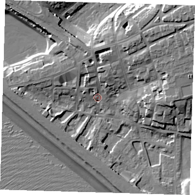Shaded relief map of the ground around BN251HF, computed from Environment Agency LiDAR. The ground here sits at about 6 m above sea level and falls 25 m across the surrounding 800 m. Surface water reaching this point runs off ground lying to the north-north-east, 9.0 m higher.