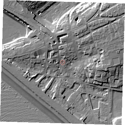 Shaded relief map of the ground around BN251HG, computed from Environment Agency LiDAR. The ground here sits at about 6 m above sea level and falls 25 m across the surrounding 800 m. Surface water reaching this point runs off ground lying to the north-north-east, 8.3 m higher.