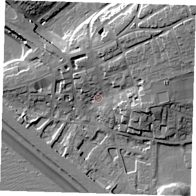 Shaded relief map of the ground around BN251HL, computed from Environment Agency LiDAR. The ground here sits at about 7 m above sea level and falls 27 m across the surrounding 800 m. Surface water reaching this point runs off ground lying to the north-east, 14.2 m higher.