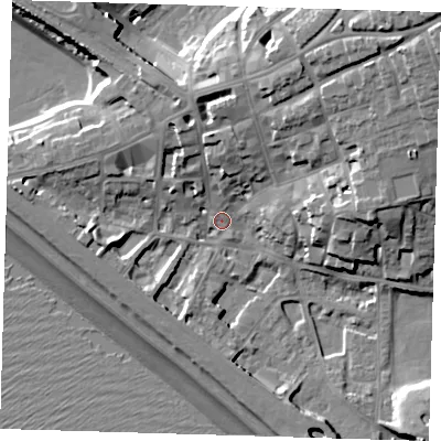 Shaded relief map of the ground around BN251HP, computed from Environment Agency LiDAR. The ground here sits at about 5 m above sea level and falls 25 m across the surrounding 800 m. Surface water reaching this point runs off ground lying to the north-east, 17.0 m higher.