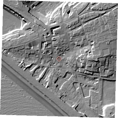 Shaded relief map of the ground around BN251HR, computed from Environment Agency LiDAR. The ground here sits at about 5 m above sea level and falls 25 m across the surrounding 800 m. Surface water reaching this point runs off ground lying to the north-east, 17.6 m higher.
