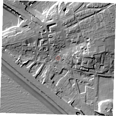 Shaded relief map of the ground around BN251HS, computed from Environment Agency LiDAR. The ground here sits at about 4 m above sea level and falls 25 m across the surrounding 800 m. Surface water reaching this point runs off ground lying to the north-east, 18.5 m higher.