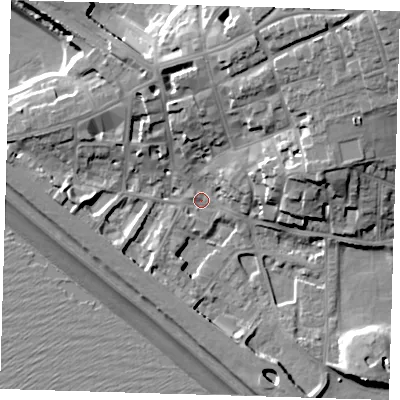 Shaded relief map of the ground around BN251HT, computed from Environment Agency LiDAR. The ground here sits at about 4 m above sea level and falls 24 m across the surrounding 800 m. Surface water reaching this point runs off ground lying to the north-east, 17.8 m higher.