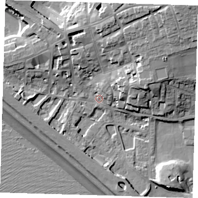 Shaded relief map of the ground around BN251HU, computed from Environment Agency LiDAR. The ground here sits at about 4 m above sea level and falls 25 m across the surrounding 800 m. Surface water reaching this point runs off ground lying to the north-north-east, 4.3 m higher.