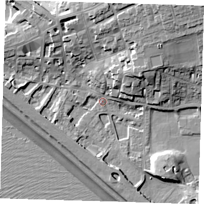 Shaded relief map of the ground around BN251HW, computed from Environment Agency LiDAR. The ground here sits at about 4 m above sea level and falls 23 m across the surrounding 800 m. Surface water reaching this point runs off ground lying to the north-east, 17.5 m higher.
