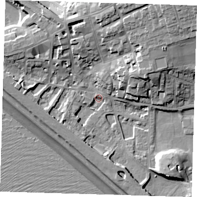 Shaded relief map of the ground around BN251HY, computed from Environment Agency LiDAR. The ground here sits at about 3 m above sea level and falls 23 m across the surrounding 800 m. Surface water reaching this point runs off ground lying to the north-east, 17.8 m higher.