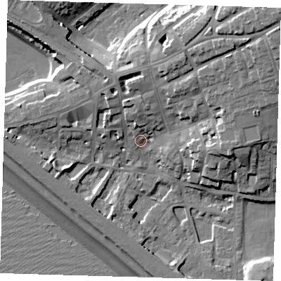 Shaded relief map of the ground around BN251HZ, computed from Environment Agency LiDAR. The ground here sits at about 6 m above sea level and falls 26 m across the surrounding 800 m. Surface water reaching this point runs off ground lying to the north, 7.0 m higher.