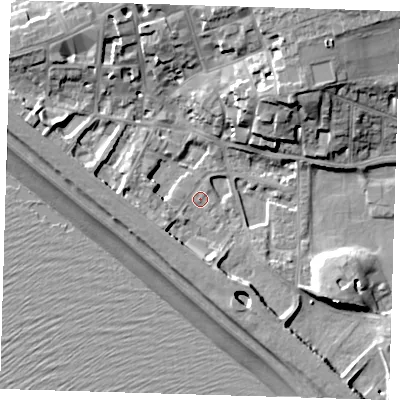 Shaded relief map of the ground around BN251JA, computed from Environment Agency LiDAR. The ground here sits at about 4 m above sea level and falls 20 m across the surrounding 800 m. Surface water reaching this point runs off ground lying to the south-west, 5.6 m higher.