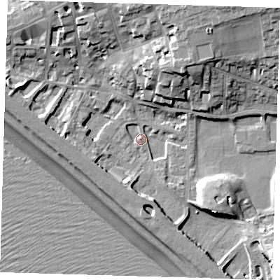 Shaded relief map of the ground around BN251JD, computed from Environment Agency LiDAR. The ground here sits at about 3 m above sea level and falls 21 m across the surrounding 800 m. Surface water reaching this point runs off ground lying to the south-south-east, 6.1 m higher.