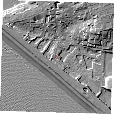 Shaded relief map of the ground around BN251JE, computed from Environment Agency LiDAR. The ground here sits at about 6 m above sea level and falls 21 m across the surrounding 800 m. Surface water reaching this point runs off ground lying to the south-west, 5.9 m higher.