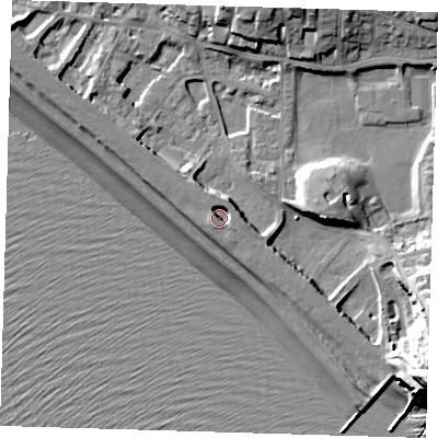 Shaded relief map of the ground around BN251JH, computed from Environment Agency LiDAR. The ground here sits at about 6 m above sea level and falls 26 m across the surrounding 800 m. Surface water reaching this point runs off ground lying to the north-north-east, 5.0 m higher.